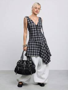 COUREZ Asymmetric Hem Layering Dress In Check Plaid With Lace Up Detail/Y2K Grunge Summer Clothes For Women Concert Outfits Halloween Black Plaid - Black and White - View 1