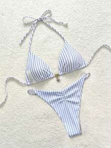 Soleia Women's Retro Striped Print Swimwear Set, Suitable For Beach, Bikini - Multicolor - View 2