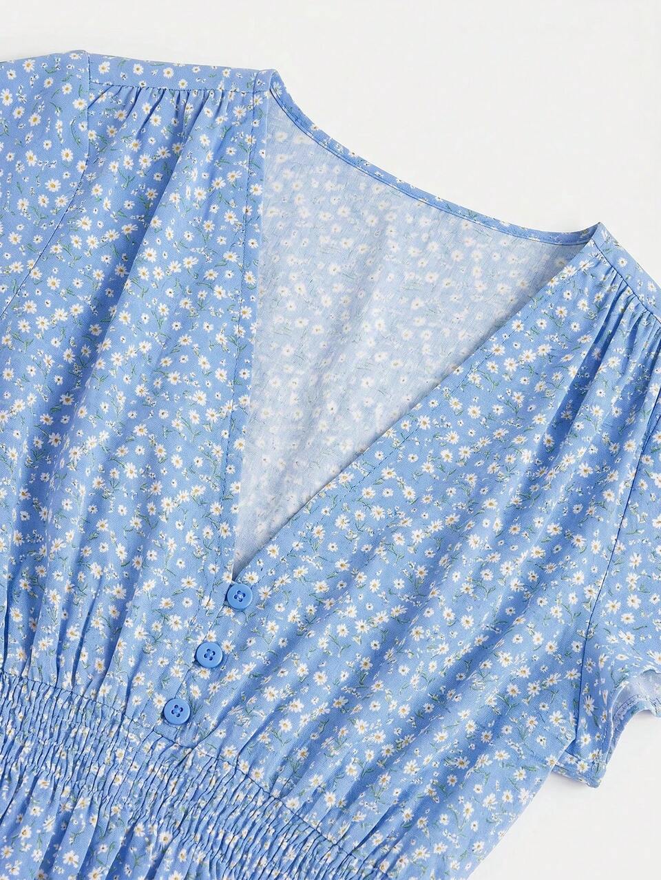 White And Blue Floral Print V-Neck Midi Dress With Smocked Waist And Flared Sleeves Cute Summer Holiday Casual Boho Brunch Vacation