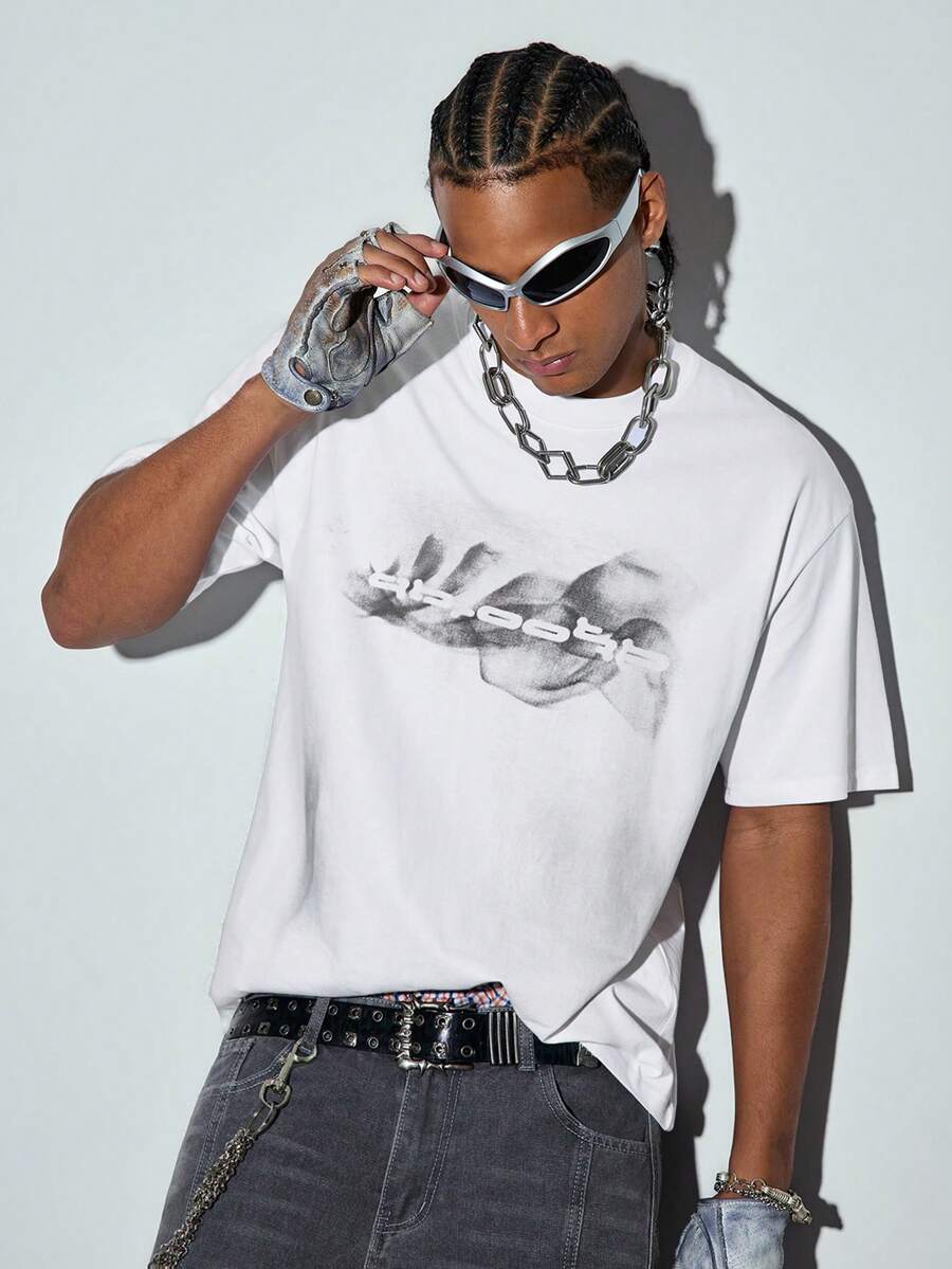 Modcrash Camiseta blanca de moda urbana para hombre, con estampado retro abstracto de salpicaduras en la espalda - Blanco - Ver 1