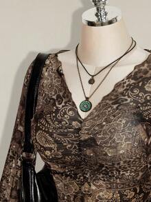 SHEIN ICON 秋季 Y2K 女款棕色西部波希米亞風青色滿版印花 V 領抓皺優雅長袖襯衫 - 棕色 - 查看 5
