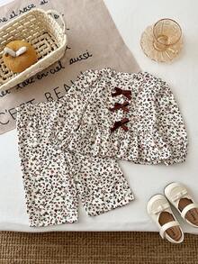 SHEIN Vintaside Kids 女嬰幼兒新生兒 0-3 歲秋冬款百搭日常休閒碎花長袖上衣 + 長褲套裝 - 彩色 - 查看 6