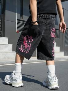 Manfinity Roghcode Men's Street Fashion Casual Embroidered Dark Gray Plus Size Denim Shorts - Dark Grey - View 4