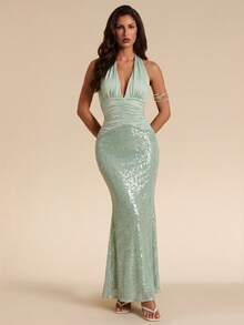 Bluhae Fashionable Sexy Waist-Cinched Slim Fit V-Neck Halter Neck Design Patchwork Sequin Women's Spring Summer Evening Party Mint Green Mermaid Long Dress - Mint Green - View 6