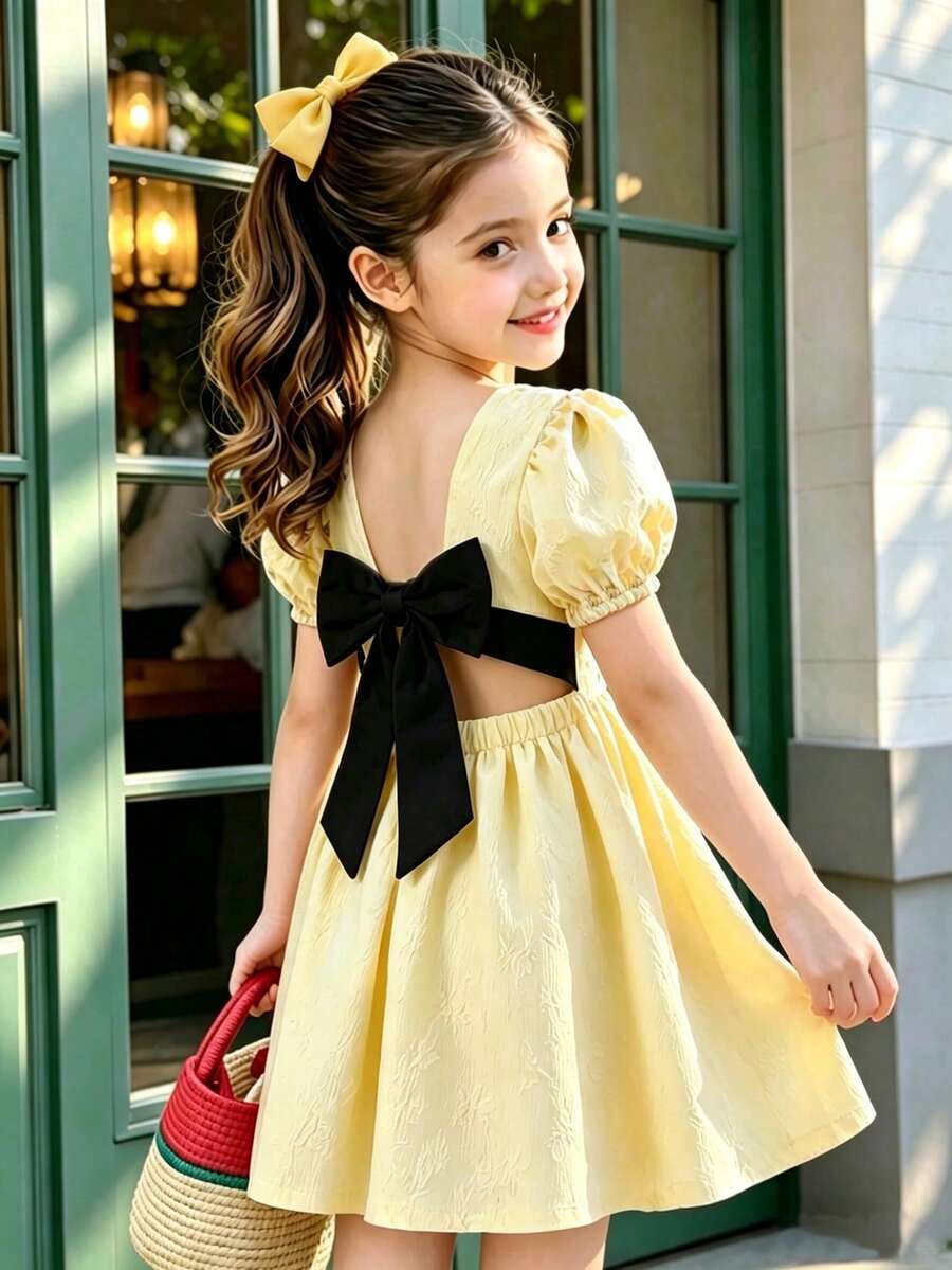 Elladie kids Elladie 女童优雅甜美泡泡袖连衣裙，黄色提花面料，柔软舒适，后背蝴蝶结装饰可拆卸，适合休闲、时尚、旅行、日常穿着、运动、上学、聚会、生日礼物、度假风、夏季装扮、毕业礼服等场合，优雅百搭。
