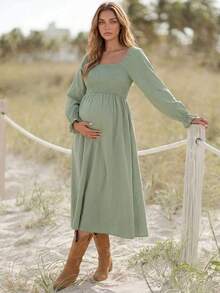 Boho Mama Maternity Solid Color Twisted Design Long Sleeve Elegant Maternity Casual Dress Beach Photoshoot Photoshoot Sage Green Autumn Fall - Green - View 3