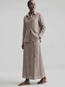 Ontre 2026 Women's 2-Piece Set Brown Stripe Autumn Effortless Chic Casual Elegant Holiday Vacation Long Sleeve Shirt Asymmetric Wrap Skirt Loose Fit Button - Coffee Brown - View 4