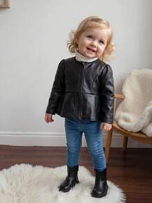 SHEIN Baby Girl Cute Versatile Black Thermal Lined Jacket Coat For Autumn/Winter - Black - View 3