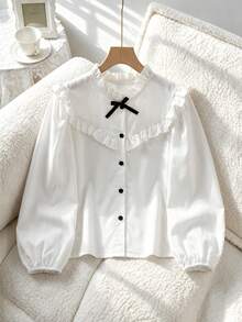 SHEIN Girls' Single Piece Elegant Solid Color Full Button-Front Shirt, Ruffle Collar, Puff Sleeve Design, 3D Bow Decor, Suitable For Daily Casual, Back To School, Vacation Wear In Spring And Autumn - White - View 1