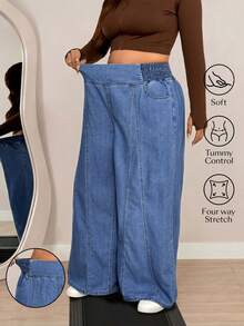 Flexra Chic Light Blue Elastic Waist Wide Leg Loose Fit Daily Wear Plus Size Jeans For Women - Medium Wash - View 1
