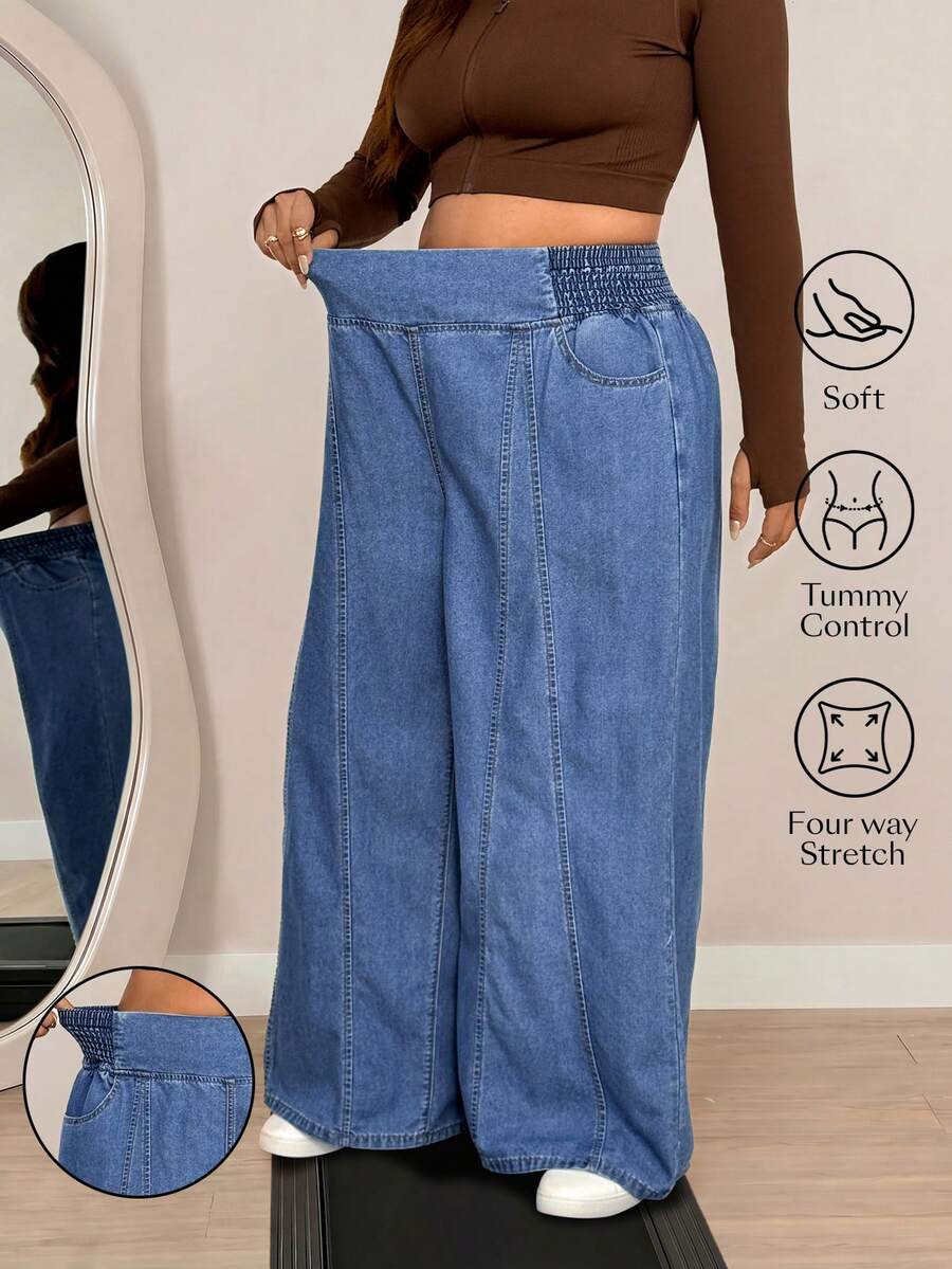 Flexra Chic Light Blue Elastic Waist Wide Leg Loose Fit Daily Wear Plus Size Jeans For Women - Medium Wash - View 1