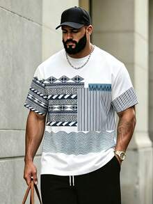 Manfinity Homme Casual Comfortable Plus Size Men's Fashion Versatile Geometric Striped Print Short Sleeve T-Shirt - Multicolor - View 3