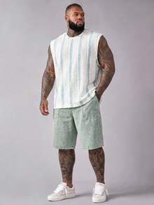Manfinity RebelGame Men's Plus Size Round Neck Vertical Striped Fashion Casual Sleeveless Tank Top Vacation Blue And White Stripe Summer - Baby Blue - View 3