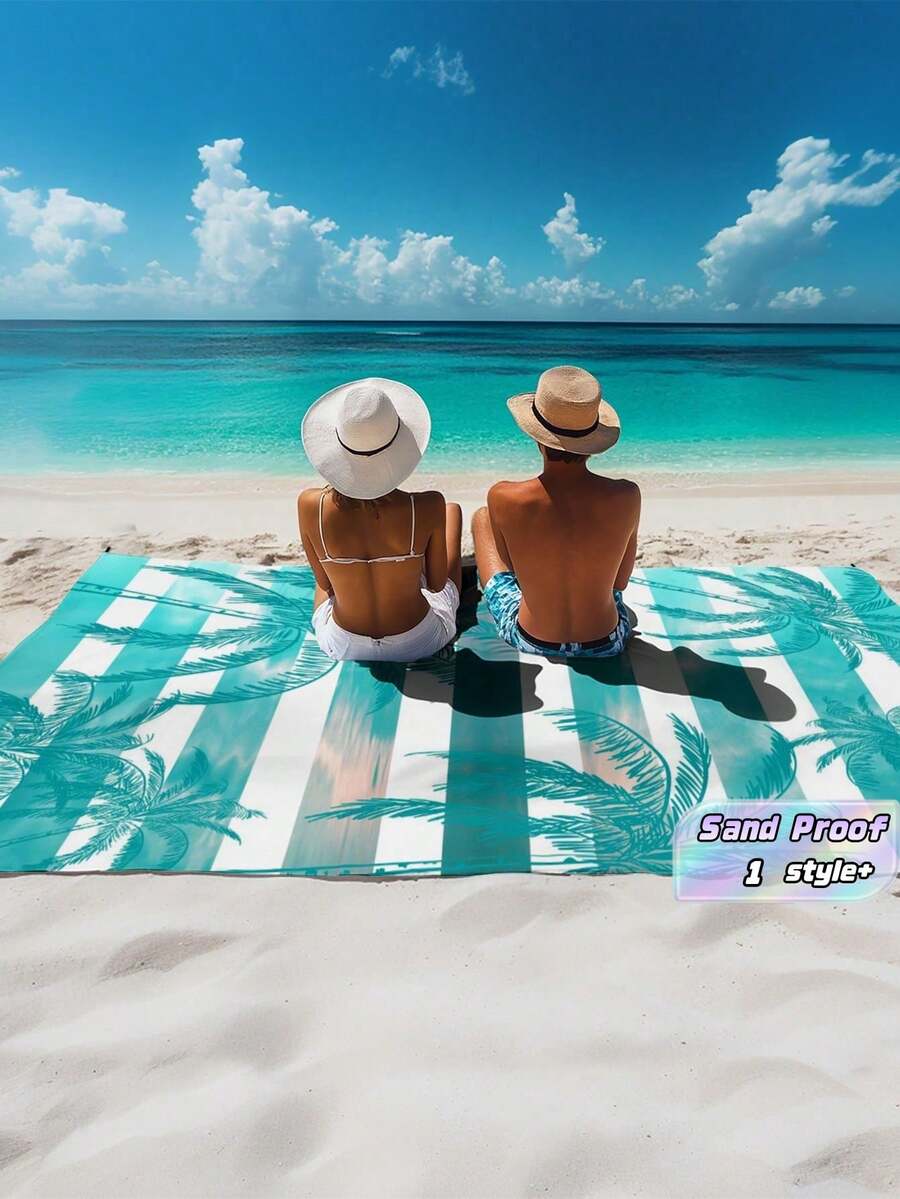 1 Piece 185x235CM Striped Coconut Tree Pattern Waterproof Sand Proof Beach Blanket Lightweight Durable For Seaside Resort Travel Camping Outdoor Picnic Mat Essential Must Have - Multicolor - View 1