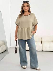 SHEIN CURVE+ Kemeja Kasual Musim Panas Ukuran Besar dengan Trim Kontras - Aprikot - View 4