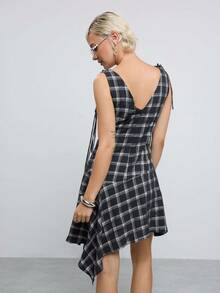 COUREZ Asymmetric Hem Layering Dress In Check Plaid With Lace Up Detail/Y2K Grunge Summer Clothes For Women Concert Outfits Halloween Black Plaid - Black and White - View 3