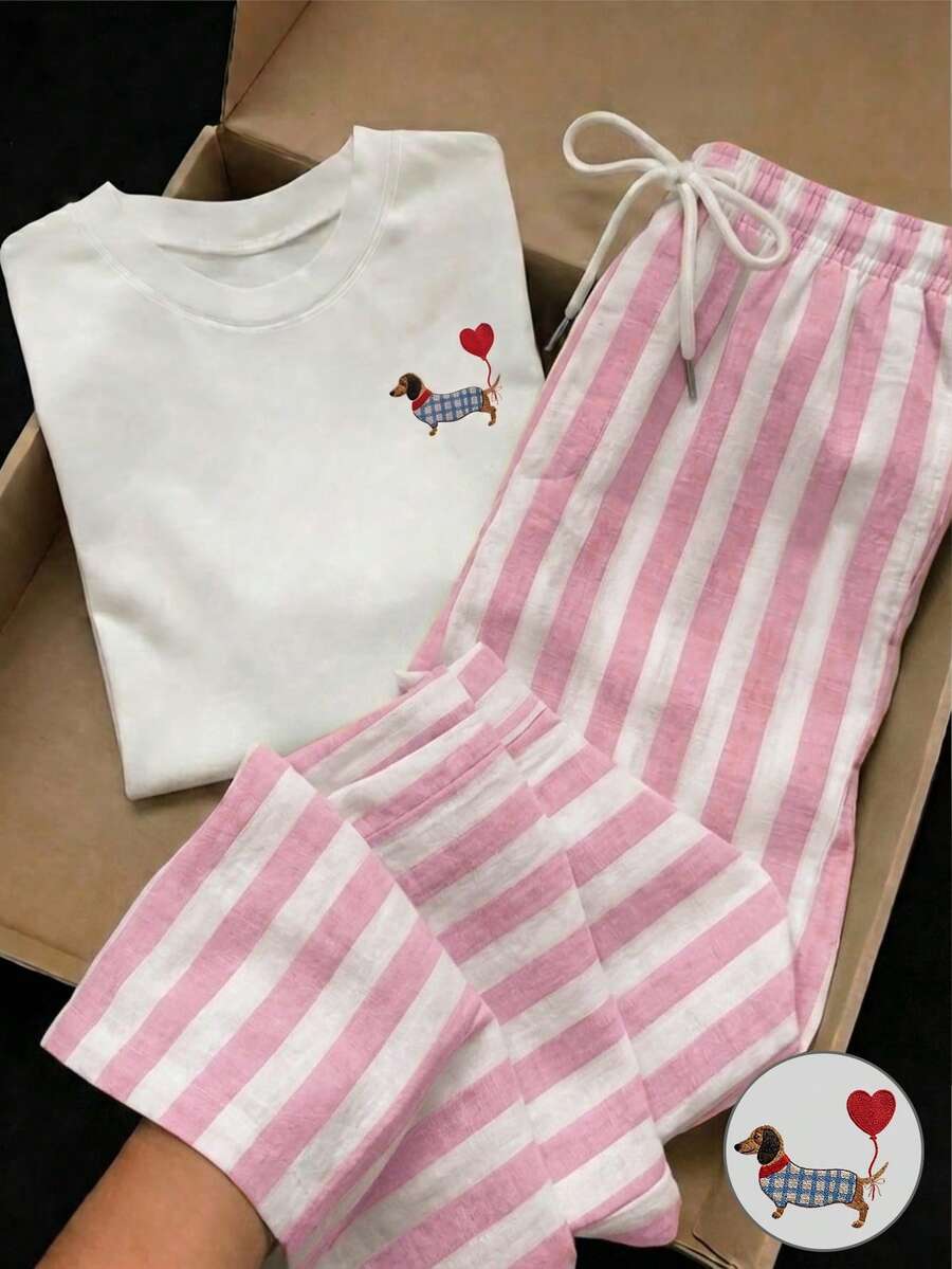 SHEIN Essnce 2件組刺繡圓領短袖上衣與條紋印花長褲,休閒風 - 粉色 - 查看 1