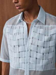 AKNOTIC Men's Single-Breasted Organza Woven Trim Short Sleeve Shirt - Baby Blue - View 12