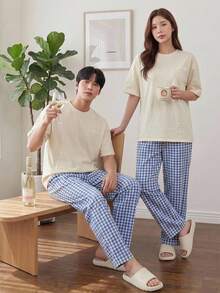 DAZY 男士夏季字母印花T恤與格紋長褲睡衣套裝 - 彩色 - 查看 8