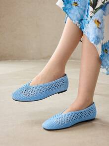 MOTF WOMEN LIGHT BLUE HOLLOW OUT SQUARE TOE FLATS SPRING SHOES - Baby Blue - View 5