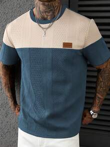 Manfinity Homme Camiseta casual de verano para hombre con bloques de color y patchwork - Agua verde azul - Ver 6