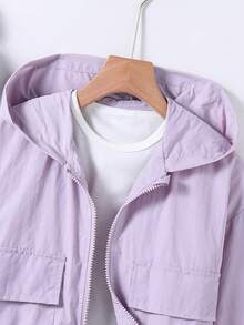 SHEIN Sparklyn 青少年女孩純色連帽拉鍊休閒百搭日常外套 - 淡紫色 - 查看 5