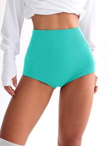 SHEIN Women's Ribbed Solid Color Casual Modest Elegant Sports Shorts Yoga Gym Sky Blue Summer - Cadet Blue - View 7
