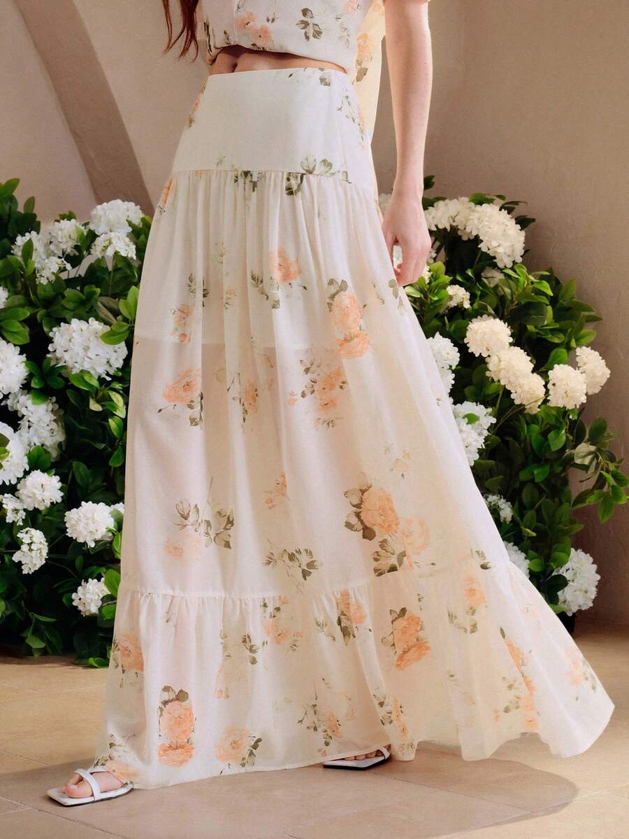 SHEIN Zanirela Women's Set Crop Top High Waist Tiered Maxi Skirt Chiffon Ruffle Short Sleeve Romantic Resort Off White Pink Rose Floral 2 Pieces Sets For Women Holida - Beige - View 1