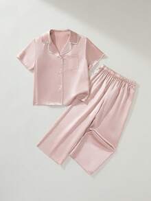 Maija Kids Maija Kids 2件套儿童/少女休闲简约白色滚边装饰粉色领纽扣短袖宽松舒适梭织睡衣套装，适合春季、夏季及所有季节 - 粉色 - 查看 2
