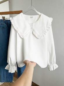 Tween Girl Solid Color Pleated Casual Versatile Daily Wear Shirt - White - View 5