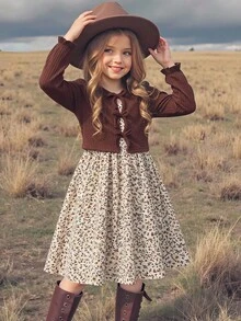 LMoss Kids Conjunto de 2 piezas para niña: Camiseta casual de cuello redondo ajustada de color liso de punto + Vestido camisola de tejido con estampado floral pequeño - Multicolor - Ver 5