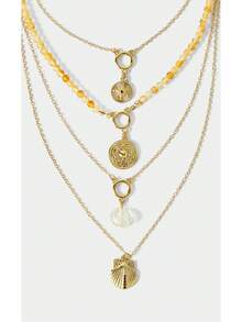 Noxbound Bohemian Beige Beaded Multi-Layer Chain Necklace, Niche Design Compass Shell Pendant Versatile Neck Chain - shell - View 4