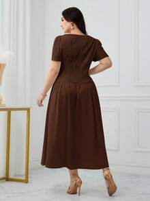 Modelyn Plus Size Women Solid Color Pleated Casual Party Dress - Coffee Brown - View 2