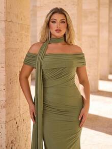 Glamrae Plus Size Olive Green Spring Elegant Formal Prom Wedding Chiffon Off-Shoulder Shaping Fish Bone Fish Tail Pleated Side Drape Multi-Wear Halter Dress - Green - View 4