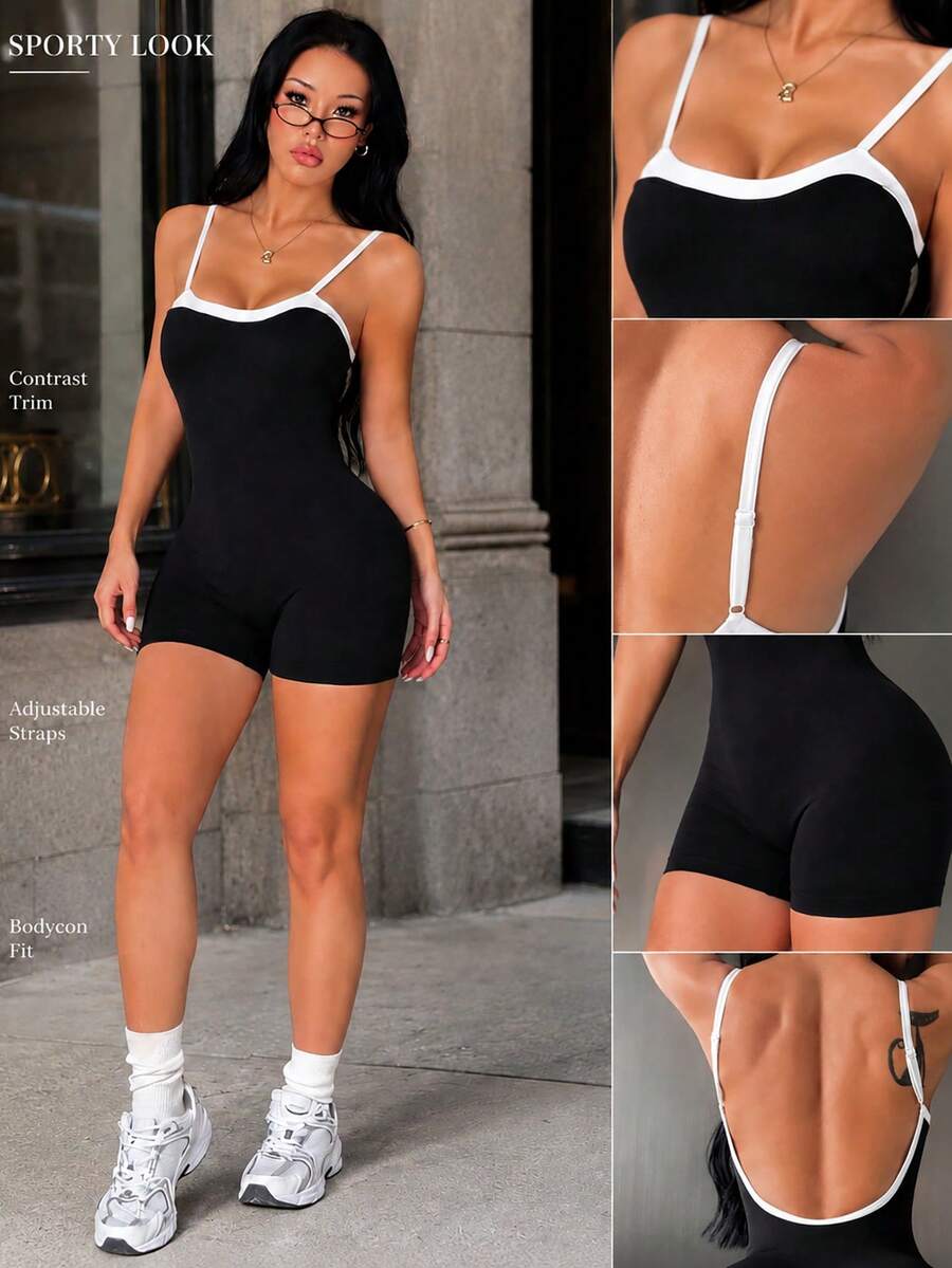 SHEIN Sports 1pc Black Contrast Trim Sports Romper, Adjustable Straps, Low Back, Bodycon Fit, Workout - Black - View 1