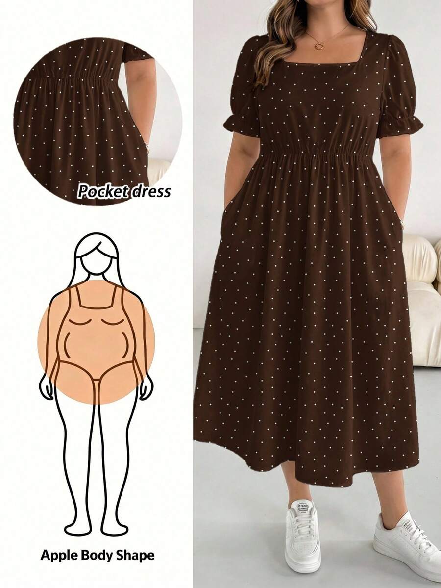 SHEIN Essnce 大尺碼女款波點百褶休閒派對與旅行洋裝 - 棕色 - 查看 1