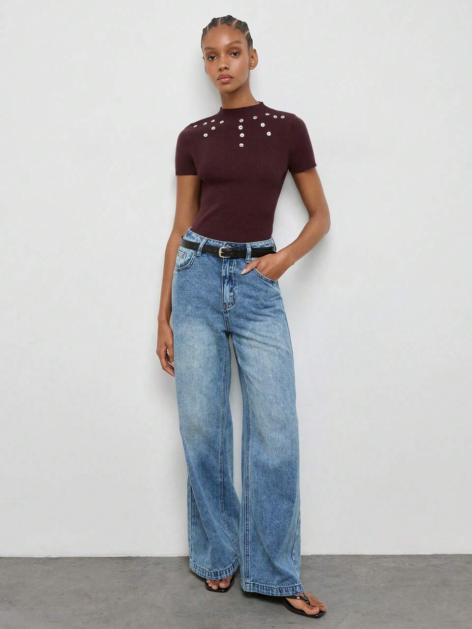 SHEIN Maija Women's Burgundy High Neck Short Sleeve Knit Top, Summer Outfit, Back To School, Old Money Teacher Style, Romantic Mature Elegant Fashion Office