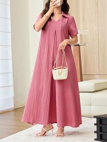 Al Najma Textured Fabric Casual Flared Shirt Collar Daily Women's Arabian Dress - Coral Pink - View 5