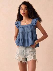 Muvela Casual Minimalist Style Imitation Mechanical Deep Blue Striped All-Over Print Women Shirt, Suitable For Spring And Summer,Summer Top - Multicolor - View 4