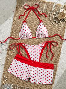 Swim Mod Women's New Polka Dot Print Bow Tie V-Neck Halter Backless Triangle Top And Bottoms 3-Piece Bikini Swimwear Set, Spring/Summer - White - View 1