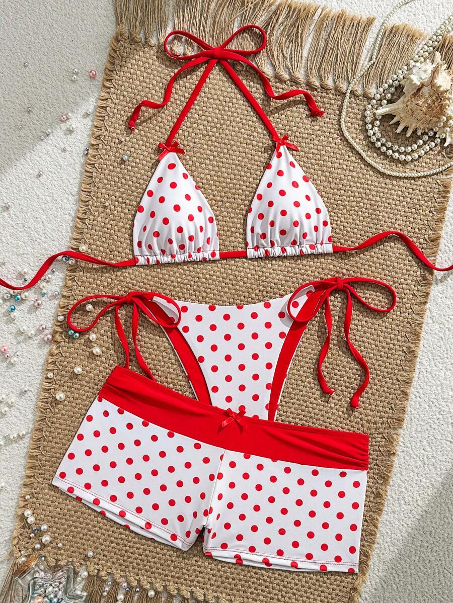 Swim Mod Women's New Polka Dot Print Bow Tie V-Neck Halter Backless Triangle Top And Bottoms 3-Piece Bikini Swimwear Set, Spring/Summer - White - View 1