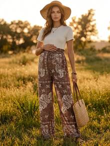 Boho Mama Pantalones largos de maternidad con patrón de anacardo, volantes y lazo en la cintura para vacaciones - Marrón - Ver 3
