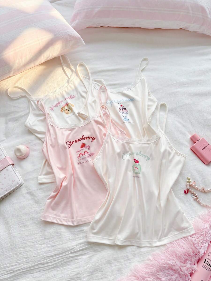 SweetSlumber Women's Sweet & Cute Lace Camisole Dessert Ice Cream Cookie Print Knit Pajama Tops 4pcs Set - Multicolor - View 1