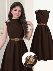 SHEIN Serisse Kids 少女休閒時尚通勤高領金屬鈕扣裝飾卡其色收腰A字長洋裝附腰帶 - 棕色 - 查看 1