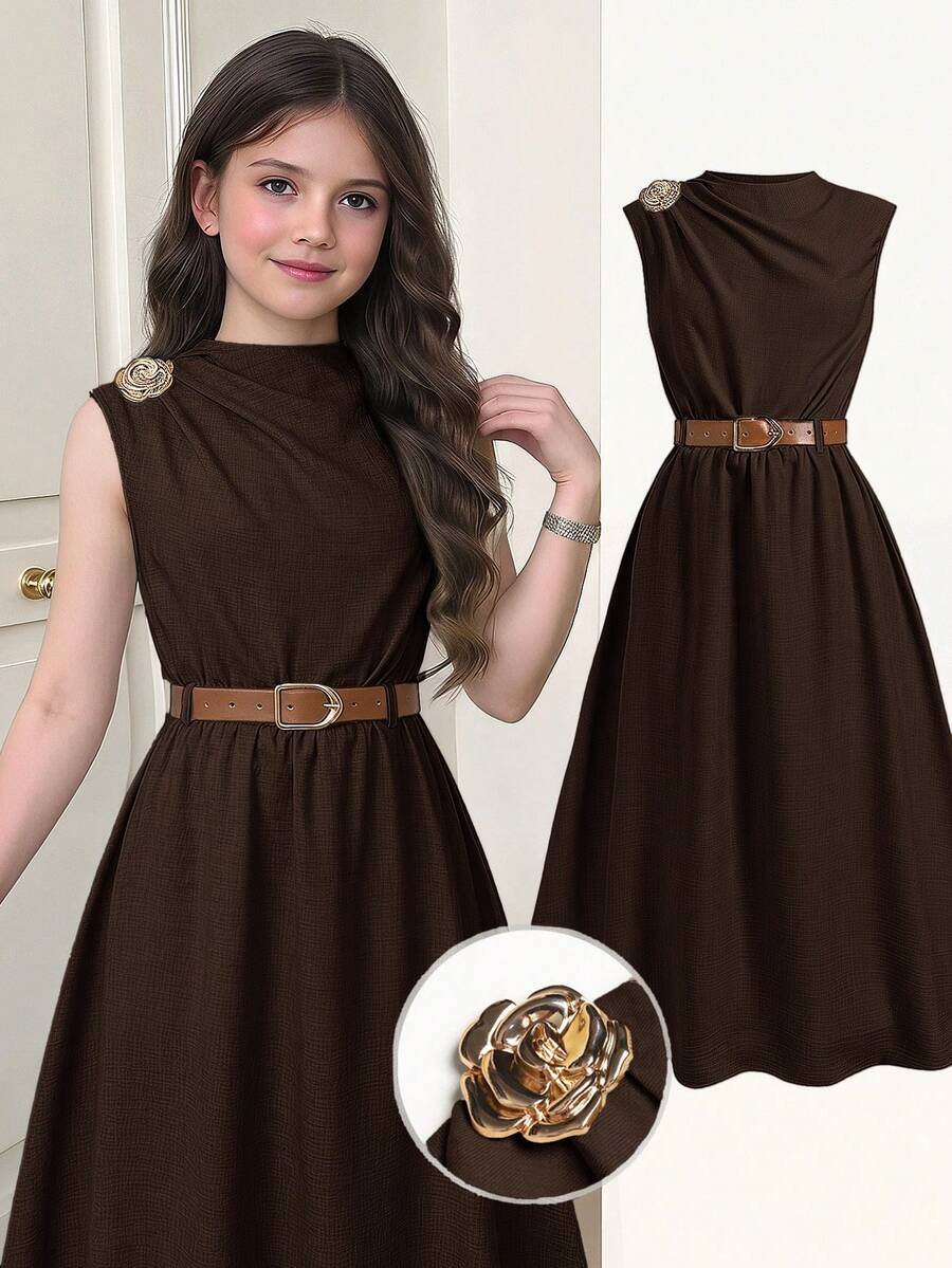 SHEIN Serisse Kids 少女休閒時尚通勤高領金屬鈕扣裝飾卡其色收腰A字長洋裝附腰帶 - 棕色 - 查看 1