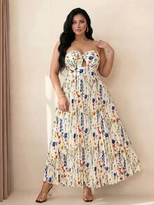 Elenzga Plus Size Women's Elegant Light Color Pleated Bustier Dress With Twisted Chest Design, Elegant Vacation & Home Wear, Slimming Long Dress For Work, Prom, Date, Party, Wedding Season, Outings - Apricot - View 2