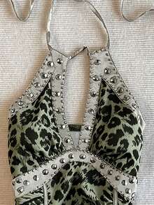IslaSuriya Summer Vintage Leopard Print Halter Neck Top For Women, Rhinestone & Metal Rivet Decor - Army Green - View 3