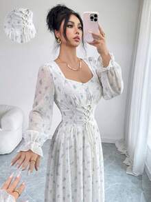 Modelyn 法式設計鑰孔領綁腰燈籠袖中長洋裝 女款 - 藍色 - 查看 7