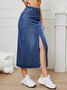 SHEIN EZwear 女款高腰口袋開衩下擺休閒牛仔裙 - 深色水洗藍 - 查看 5