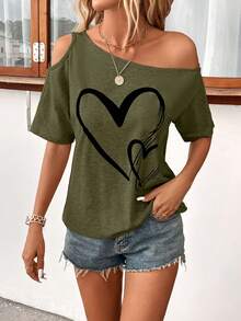 SHEIN Clasi Plus Size Heart Print Asymmetric Neckline T-Shirt Trail Ride Office Olive Green Summer Elegant Business Casual - Army Green - View 6